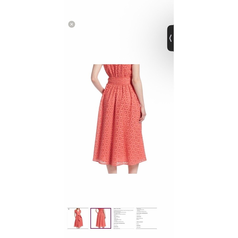 1901 Eyelet Lace Midi Dress Coral Orange Wrap Style Short Sleeve size 6 - Picture 2 of 9